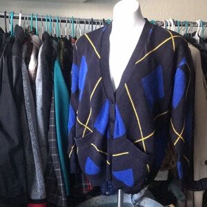 Vintage Jones New York Blue Plaid Argyle Cardigan Sweater Cotton